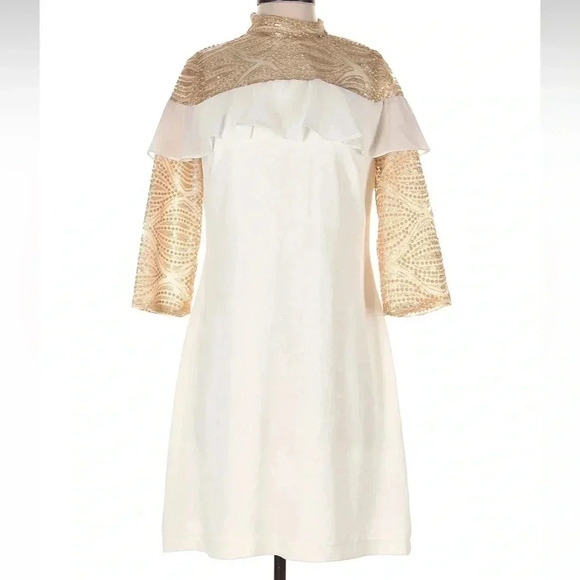 Roberta Biagi Gold Sequins 3/4 Sleeves Cocktail Ruffle Designer Dress Size S NWT - Picture 7 of 7